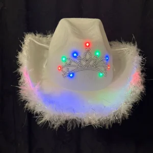 Sombrero Cowboy blanco Corona Led con plumas