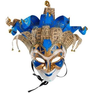 MASCARA *VENEZIA* BUFON CON CASCABELES AZUL y DORADO